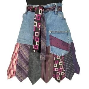 Patchwork Necktie Denim and Purple Handmade Waist Tie Apron Upcycled